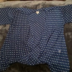 LuLaRoe Lindsey Kimono: Dark Blue with White Dots and Black Fringe (L)